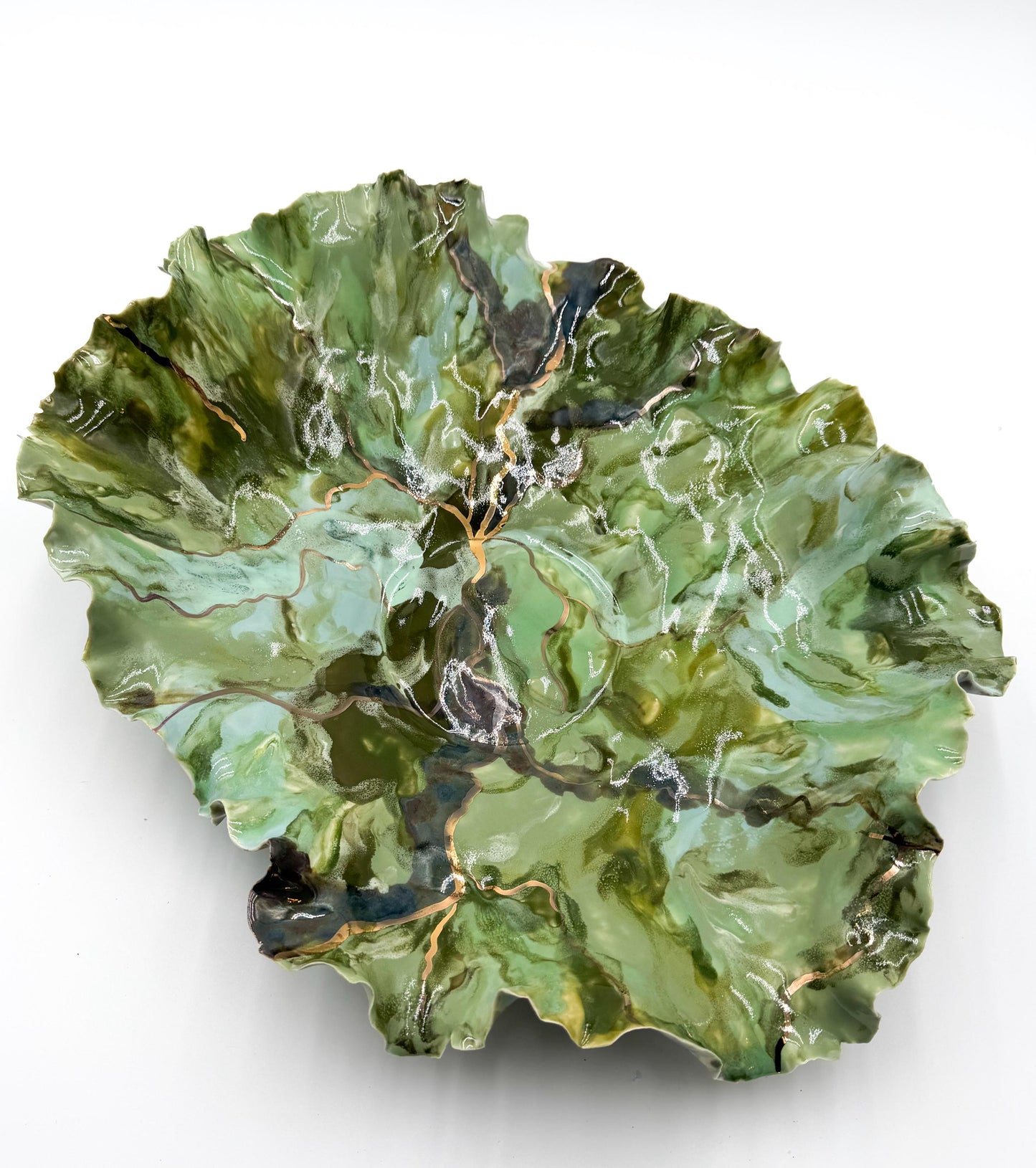 Verdant Current – Hand-Sculpted Porcelain Statement Bowl with Gold Luster | One-of-a-Kind Sculptural Ceramic Art | Cori Ceramics