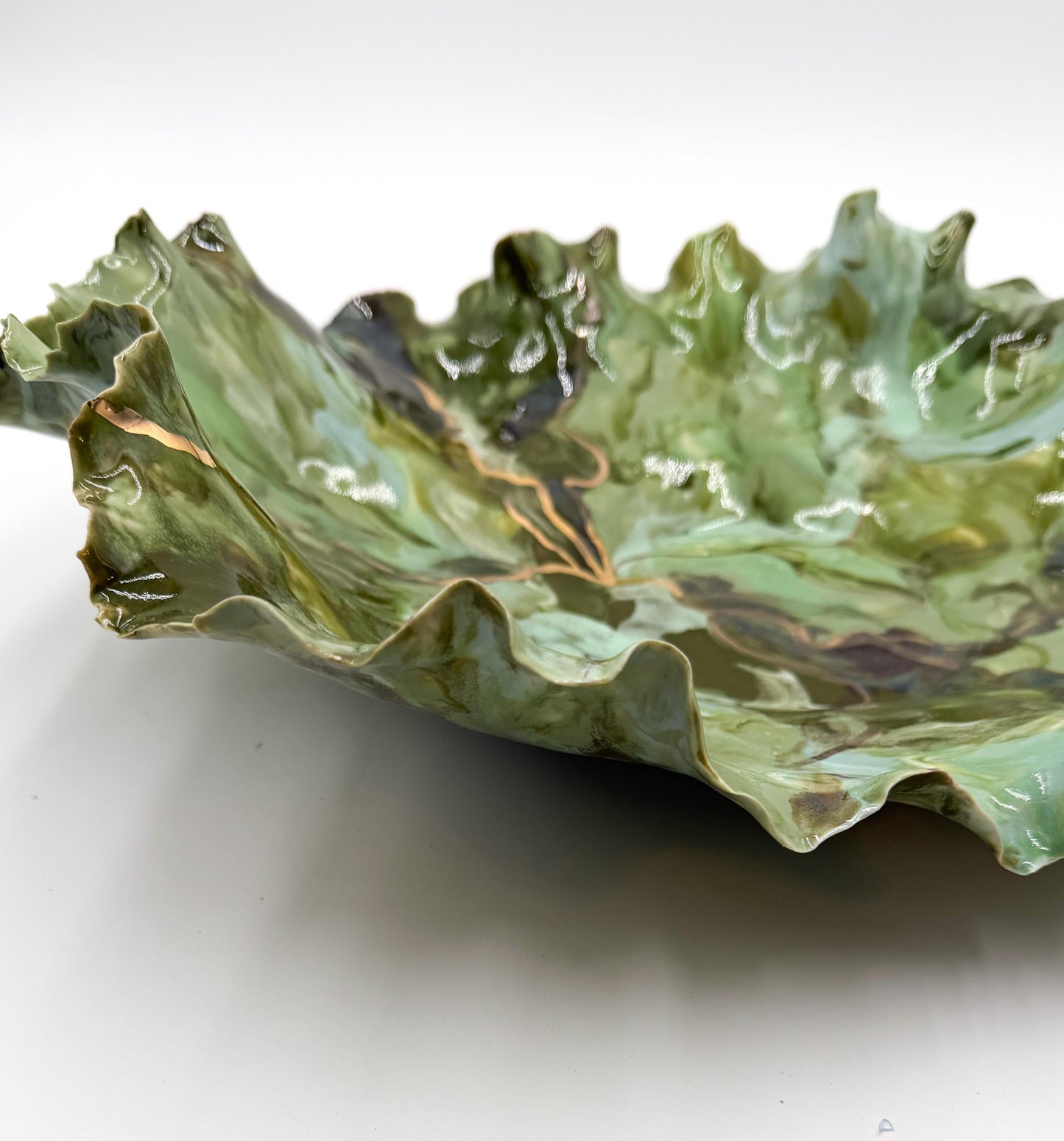Verdant Current – Hand-Sculpted Porcelain Statement Bowl with Gold Luster | One-of-a-Kind Sculptural Ceramic Art | Cori Ceramics