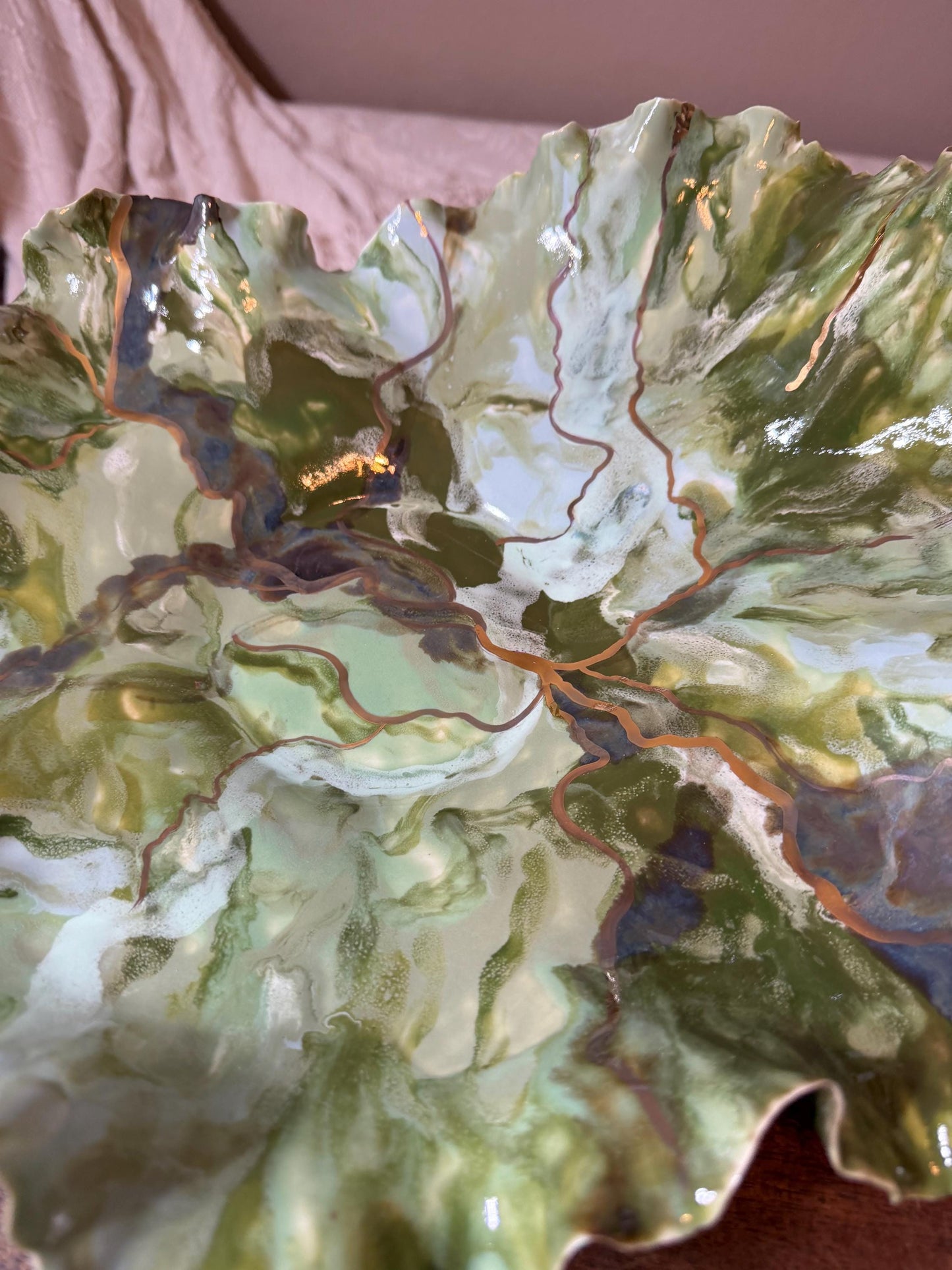 Verdant Current – Hand-Sculpted Porcelain Statement Bowl with Gold Luster | One-of-a-Kind Sculptural Ceramic Art | Cori Ceramics