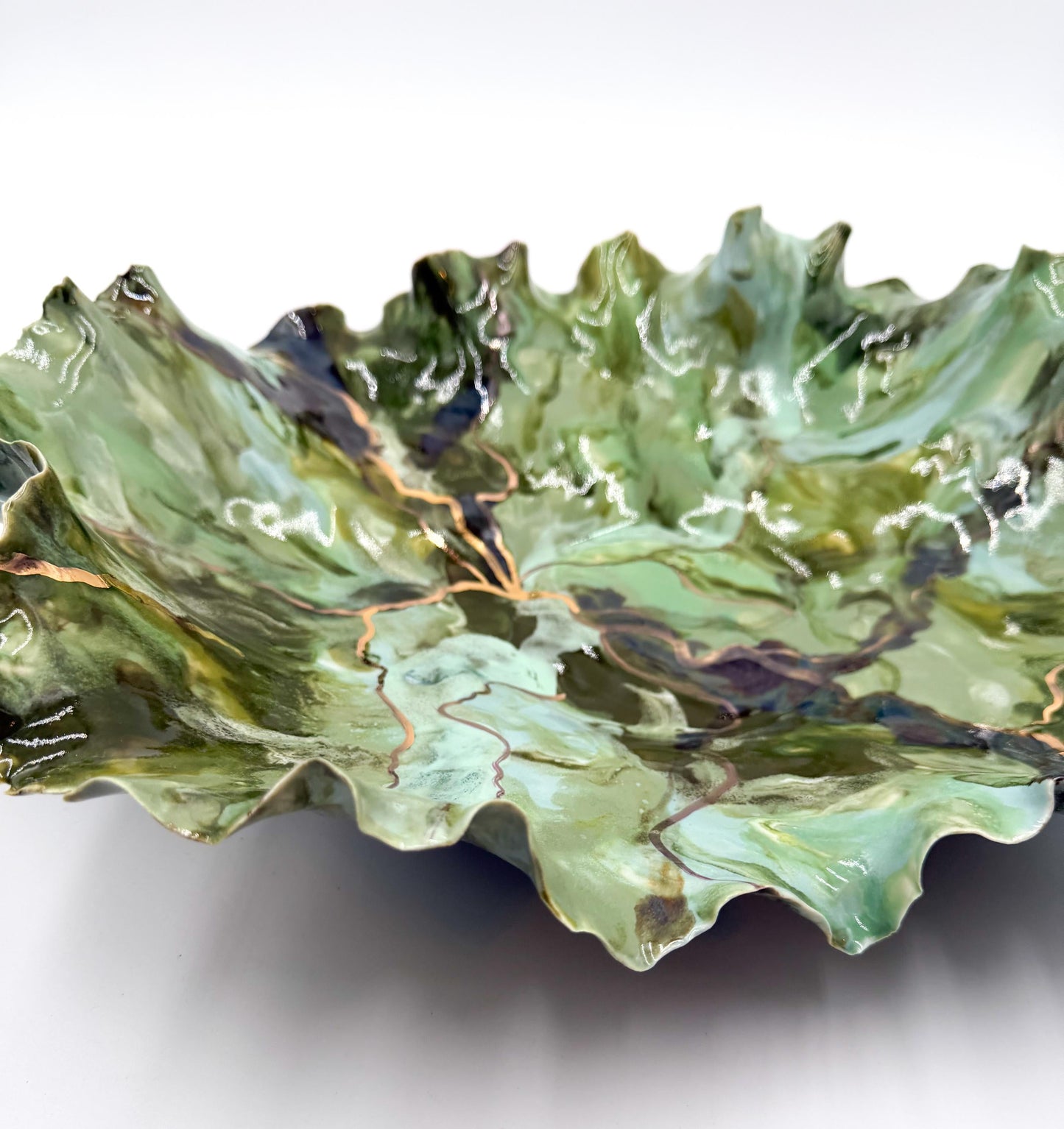 Verdant Current – Hand-Sculpted Porcelain Statement Bowl with Gold Luster | One-of-a-Kind Sculptural Ceramic Art | Cori Ceramics