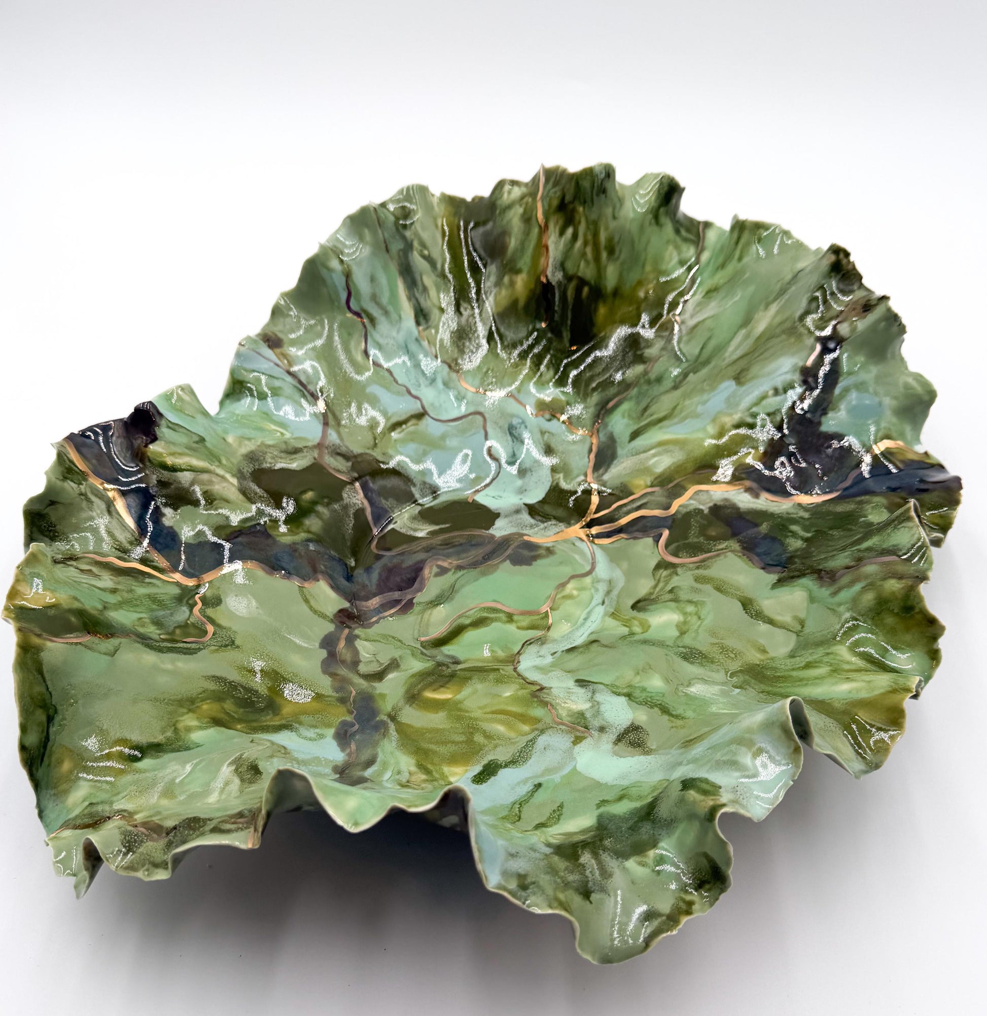 Verdant Current – Hand-Sculpted Porcelain Statement Bowl with Gold Luster | One-of-a-Kind Sculptural Ceramic Art | Cori Ceramics
