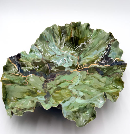 Verdant Current – Hand-Sculpted Porcelain Statement Bowl with Gold Luster | One-of-a-Kind Sculptural Ceramic Art | Cori Ceramics