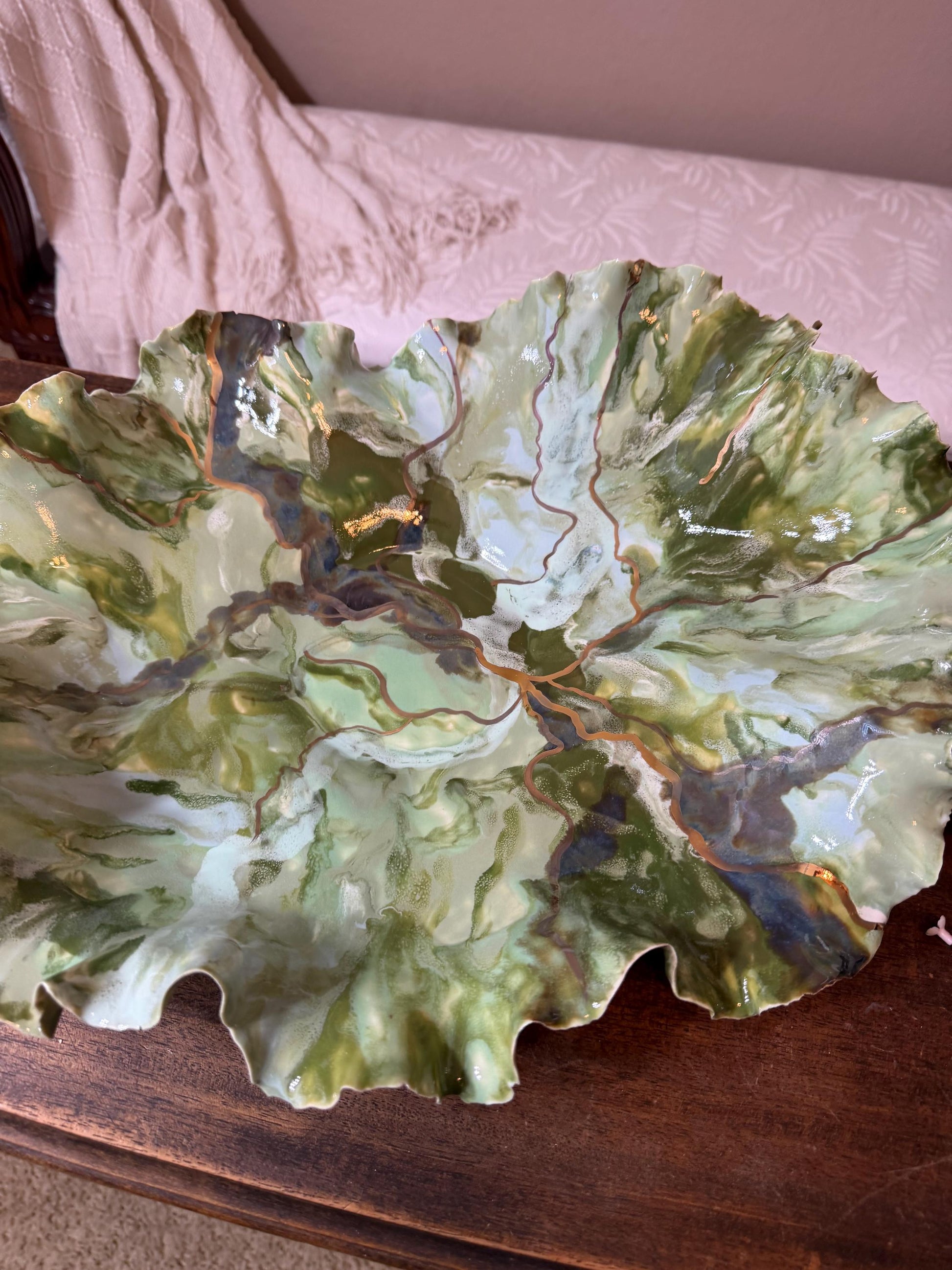 Verdant Current – Hand-Sculpted Porcelain Statement Bowl with Gold Luster | One-of-a-Kind Sculptural Ceramic Art | Cori Ceramics