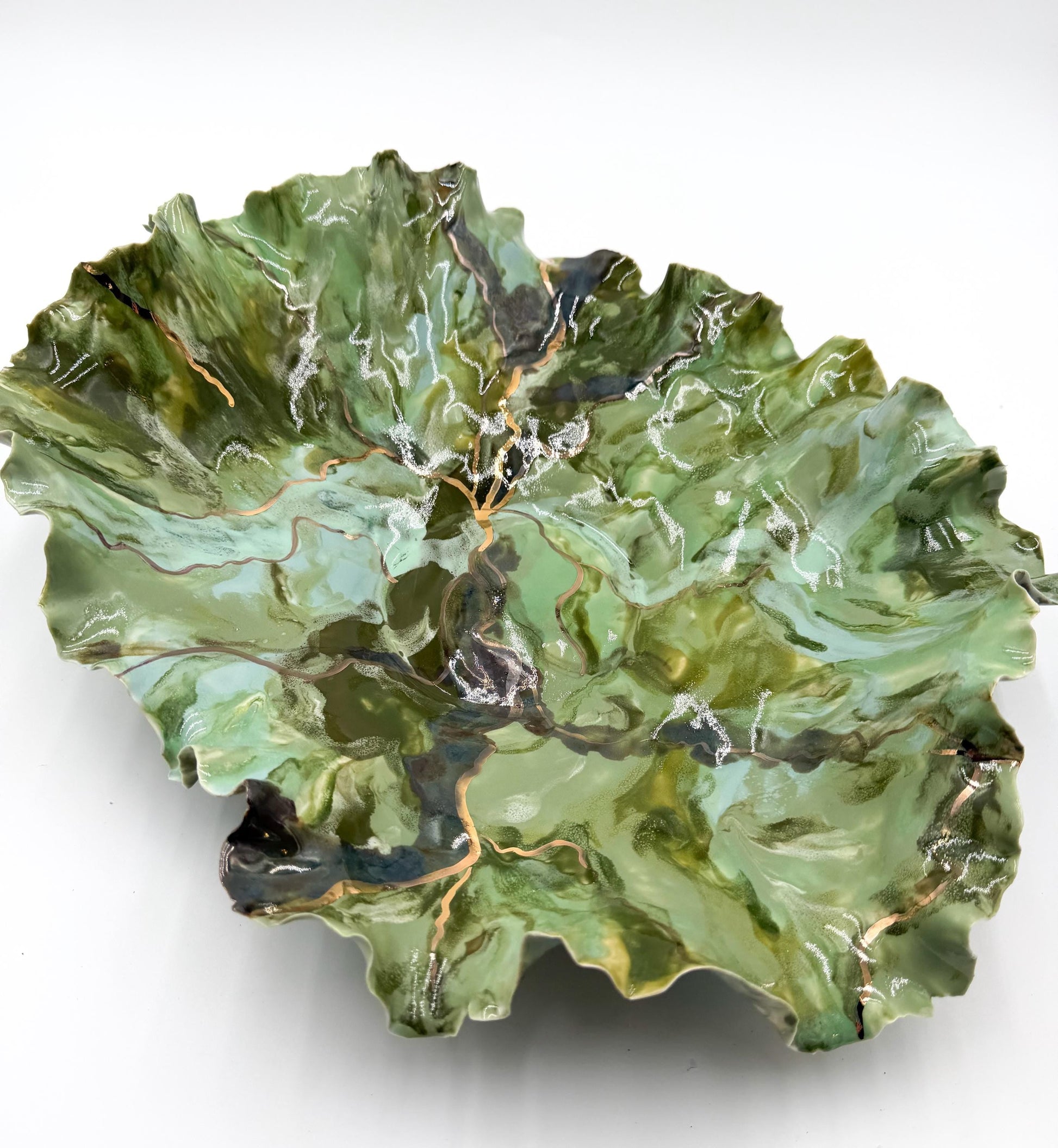 Verdant Current – Hand-Sculpted Porcelain Statement Bowl with Gold Luster | One-of-a-Kind Sculptural Ceramic Art | Cori Ceramics