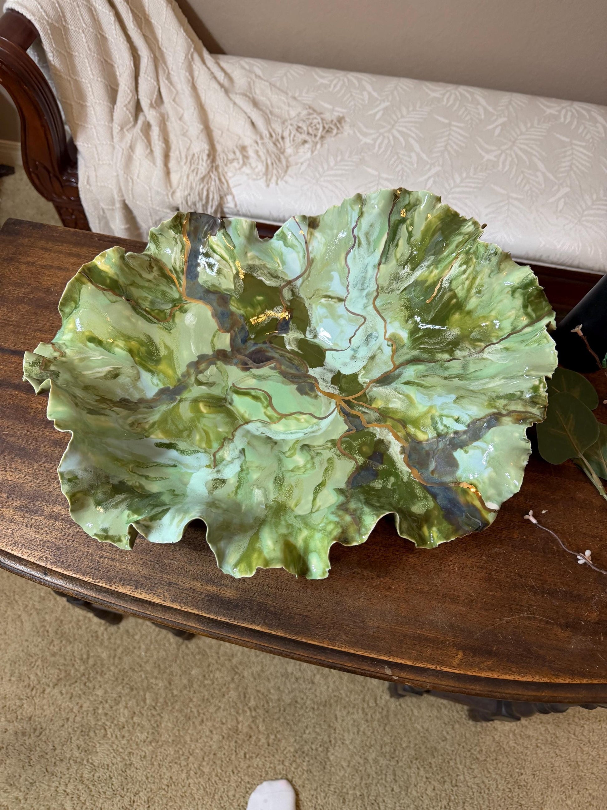 Verdant Current – Hand-Sculpted Porcelain Statement Bowl with Gold Luster | One-of-a-Kind Sculptural Ceramic Art | Cori Ceramics