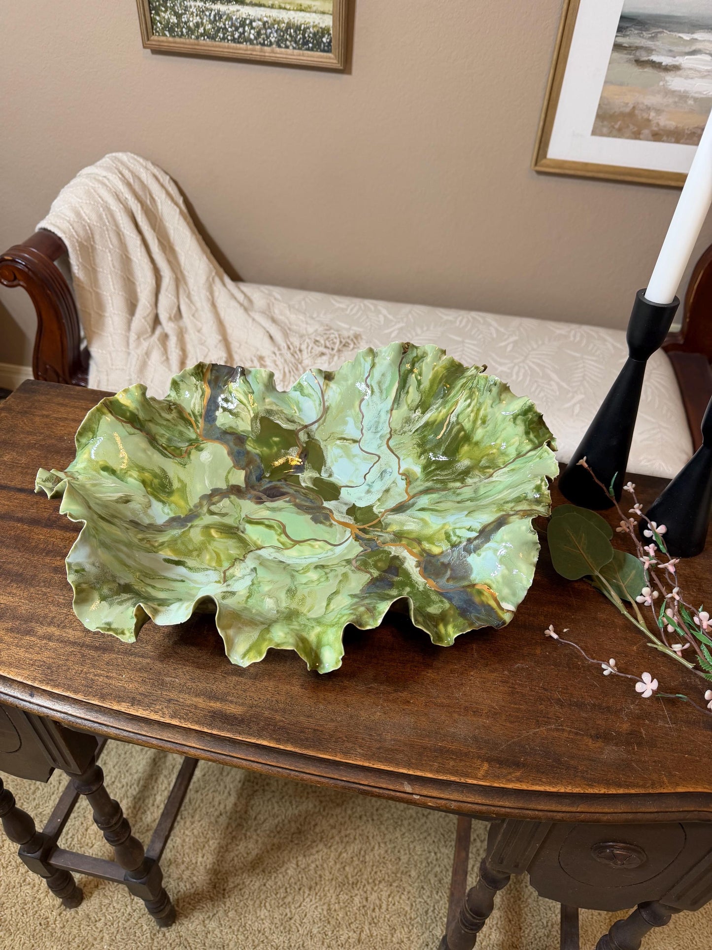 Verdant Current – Hand-Sculpted Porcelain Statement Bowl with Gold Luster | One-of-a-Kind Sculptural Ceramic Art | Cori Ceramics