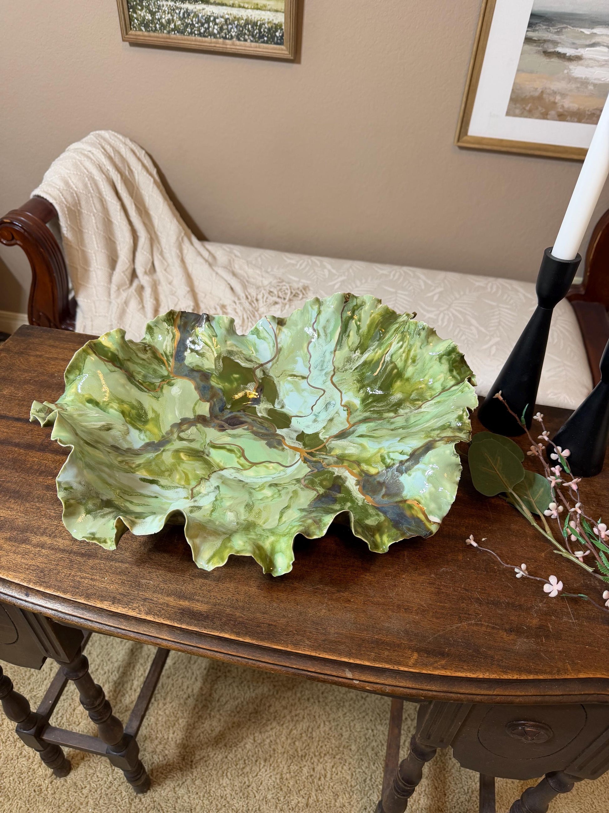 Verdant Current – Hand-Sculpted Porcelain Statement Bowl with Gold Luster | One-of-a-Kind Sculptural Ceramic Art | Cori Ceramics