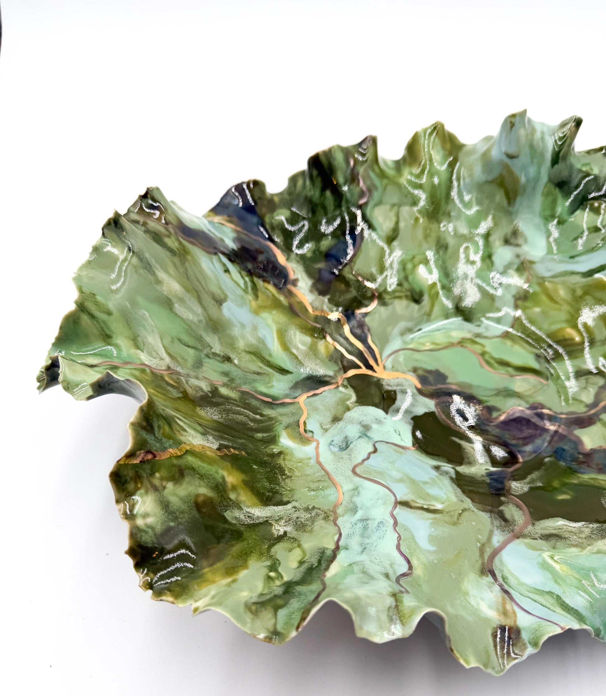 Verdant Current – Hand-Sculpted Porcelain Statement Bowl with Gold Luster | One-of-a-Kind Sculptural Ceramic Art | Cori Ceramics