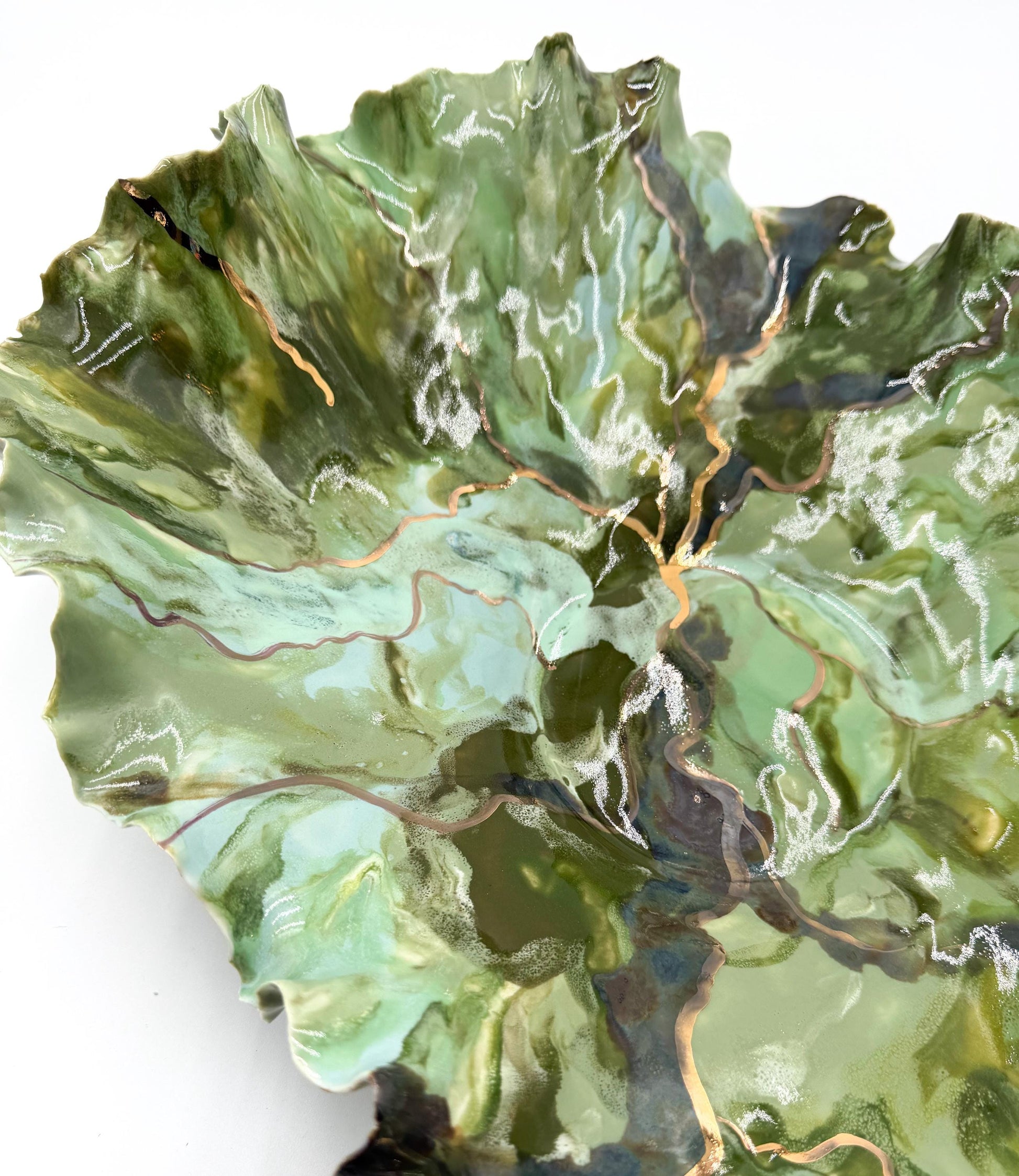 Verdant Current – Hand-Sculpted Porcelain Statement Bowl with Gold Luster | One-of-a-Kind Sculptural Ceramic Art | Cori Ceramics