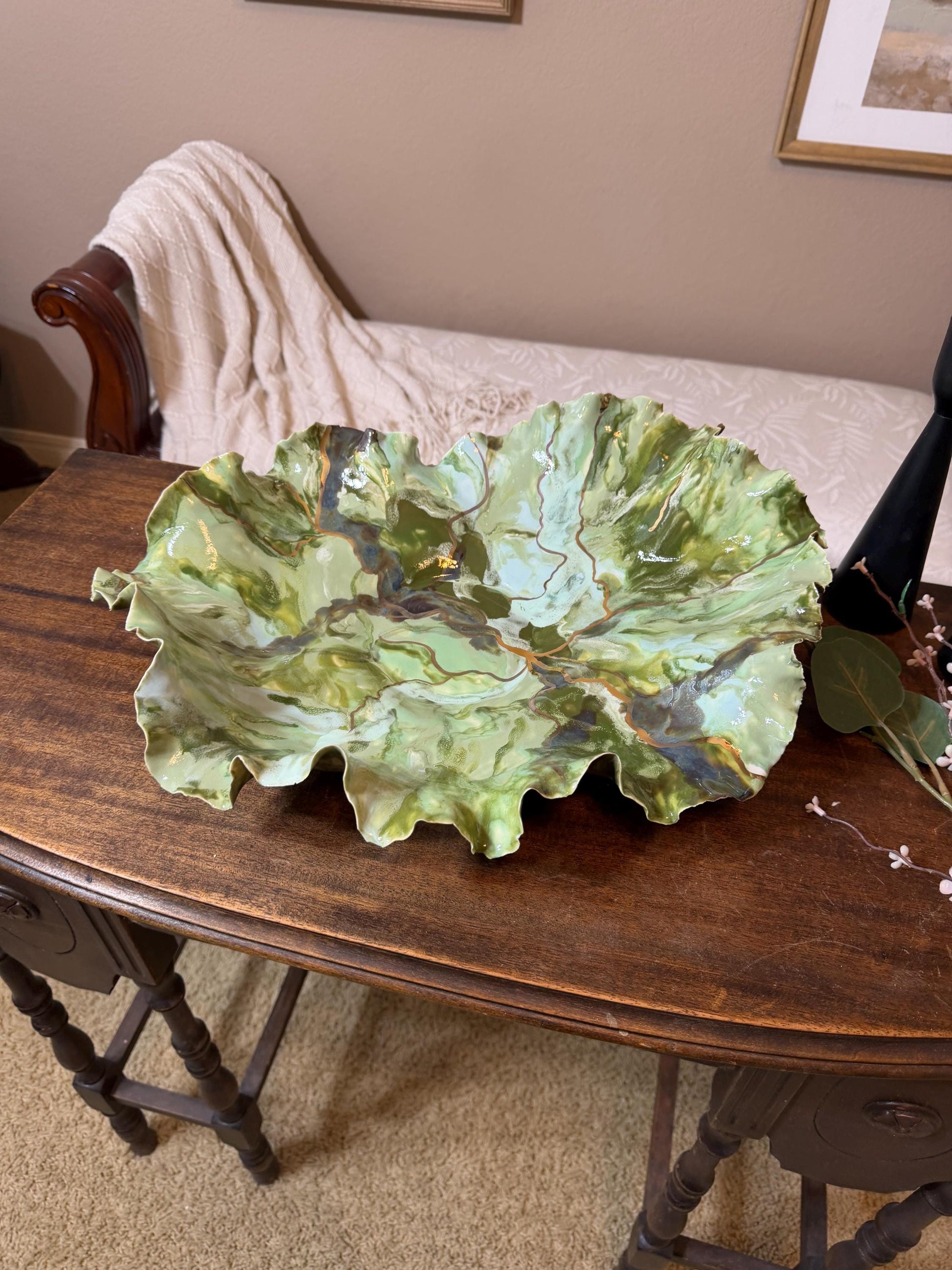 Verdant Current – Hand-Sculpted Porcelain Statement Bowl with Gold Luster | One-of-a-Kind Sculptural Ceramic Art | Cori Ceramics