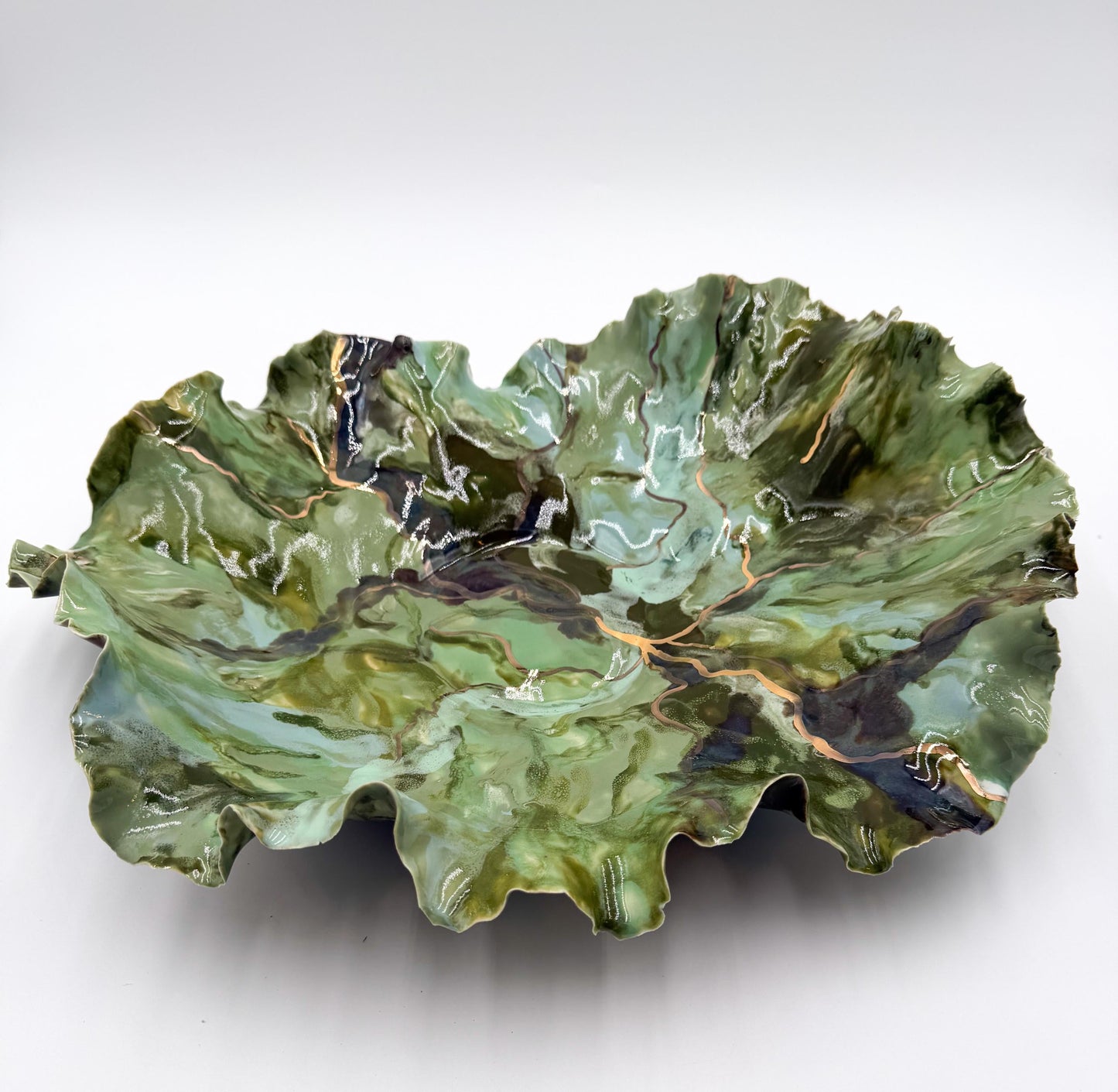 Verdant Current – Hand-Sculpted Porcelain Statement Bowl with Gold Luster | One-of-a-Kind Sculptural Ceramic Art | Cori Ceramics