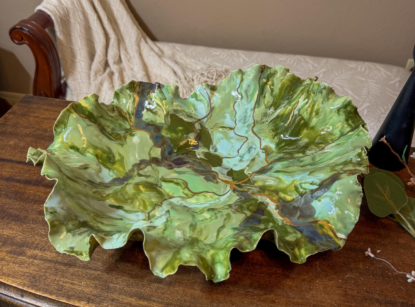 Verdant Current – Hand-Sculpted Porcelain Statement Bowl with Gold Luster | One-of-a-Kind Sculptural Ceramic Art | Cori Ceramics