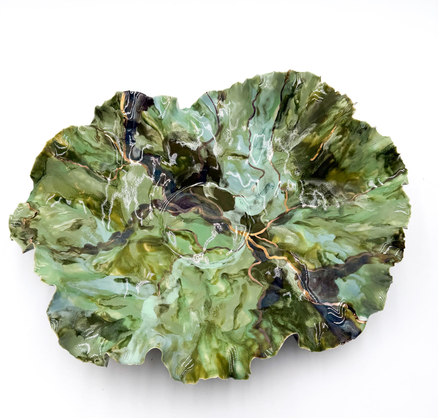 Verdant Current – Hand-Sculpted Porcelain Statement Bowl with Gold Luster | One-of-a-Kind Sculptural Ceramic Art | Cori Ceramics