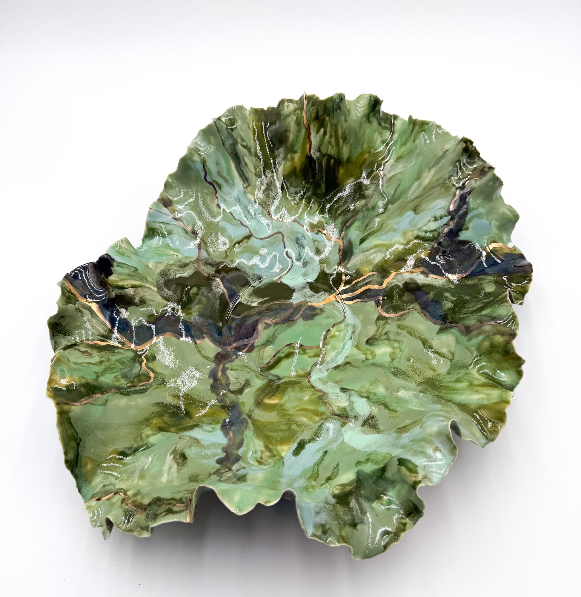 Verdant Current – Hand-Sculpted Porcelain Statement Bowl with Gold Luster | One-of-a-Kind Sculptural Ceramic Art | Cori Ceramics